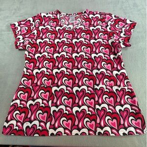 Wink Scrub Top Womens Large Pink Red Heart Print V-Neck Medical Uniform 6147